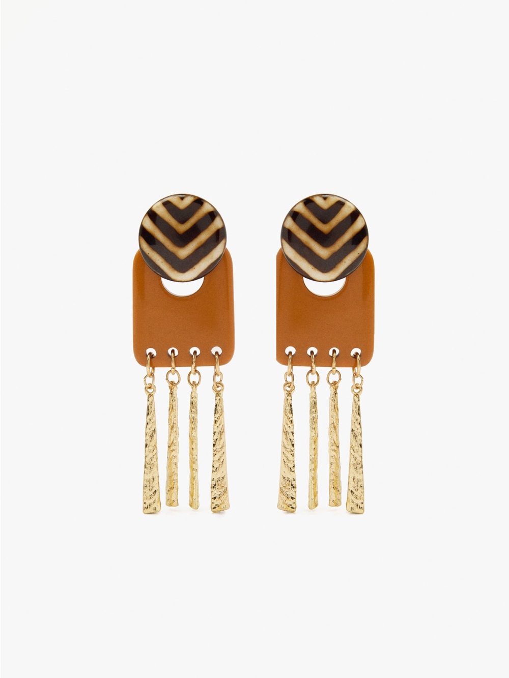 Gold Tassel & Brown Geo Drop Earrings